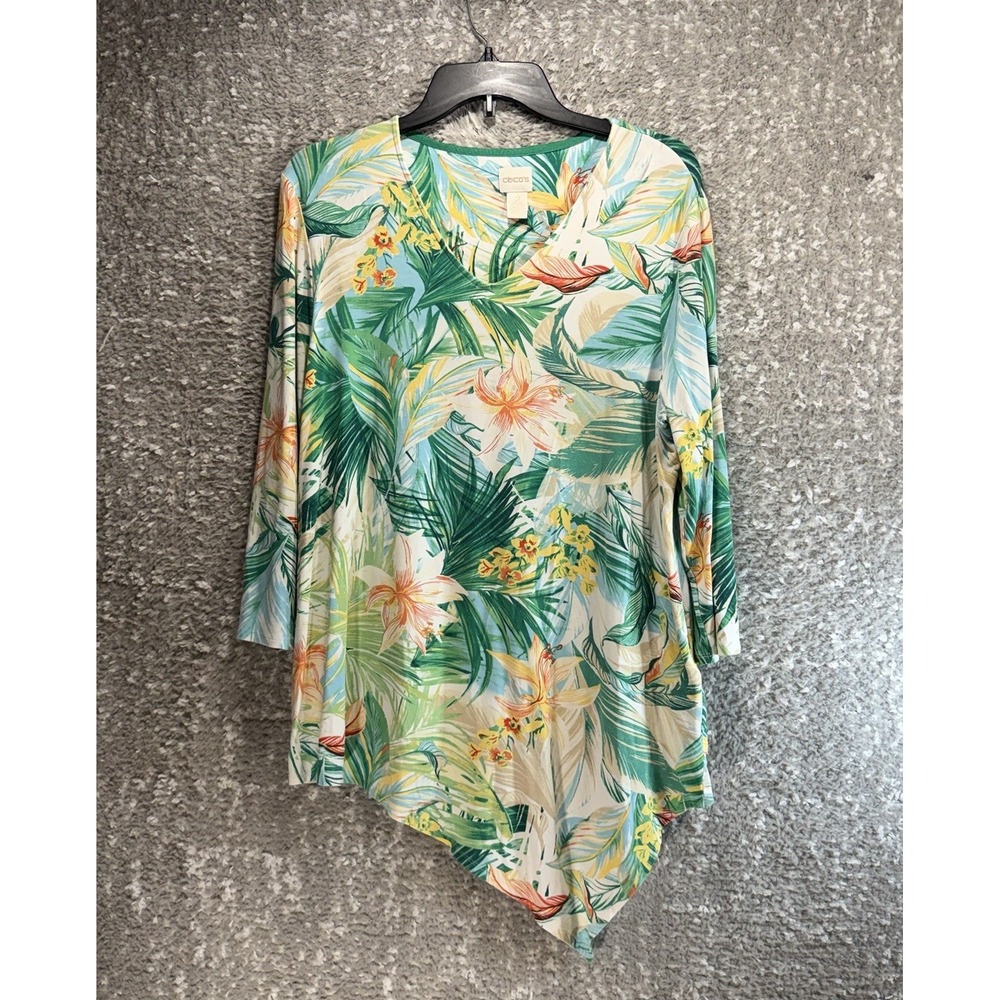 Chico's Tropical Floral Asymmetrical Tunic Top 3/4 Sleeve Rayon 2, L Preppy